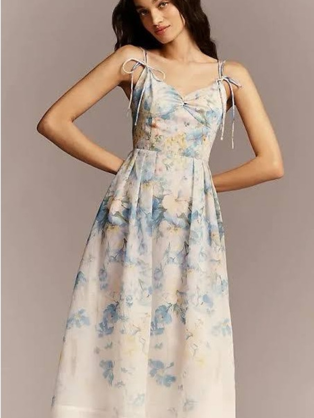 En Saison Blue and Ivory Floral Tie-Shoulder Midi Dress
